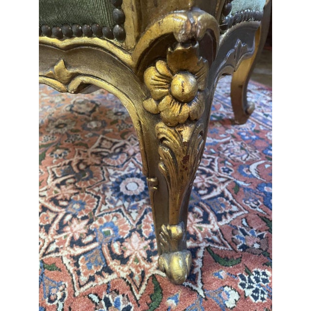 Beautiful chair available in our showroom. Carved, gilt-wood frame with needlework tapestry fabric. In good, vintage...