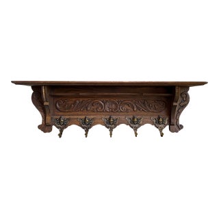 Antique French Carved Oak Wall Shelf Coat Hat Plate Rack Kitchen Display Brass For Sale