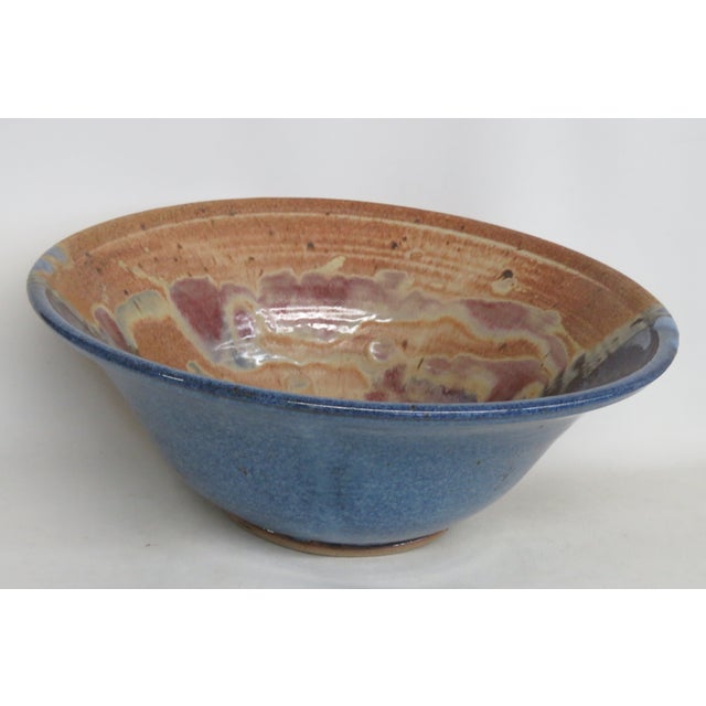Large Ceramic Centerpiece Bowl Wide Flared Rim and Speckled Blue Red Glaze 5000b For Sale - Image 4 of 17