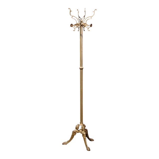 Early 20th Century French Gilt Brass Swivel Four-Hook Standing Figural Hall Tree For Sale