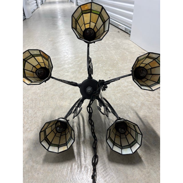 Vintage Arts & Crafts Tiffany Style Stained Glass 5 Arm Chandelier For Sale - Image 6 of 9