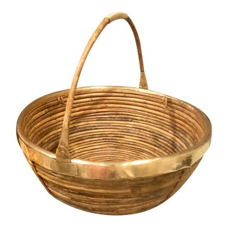 Mid Century Gabriella Crespi "Syle" Rattan and Brass Basket 1970's For Sale
