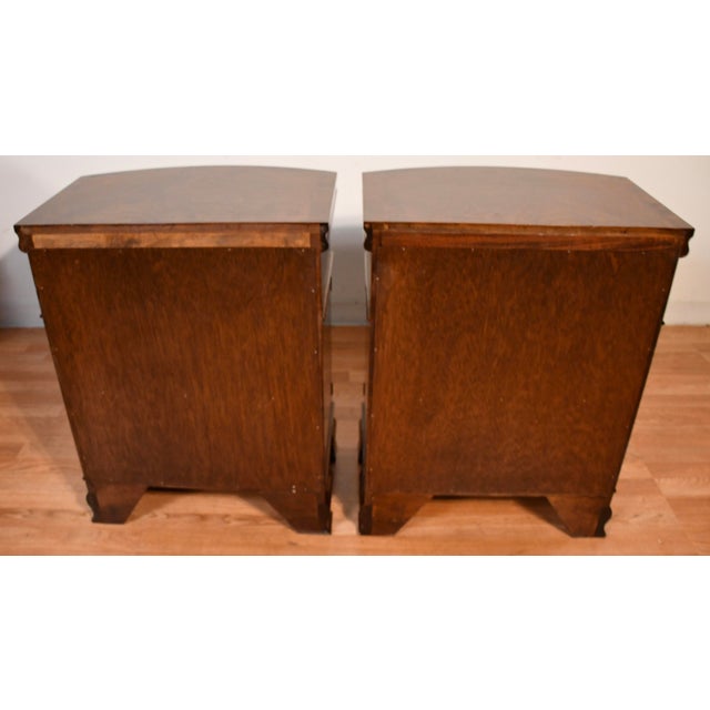 1930 Pair of English Regency Burl Walnut Nightstands / Bedside Tables / Commodes For Sale - Image 16 of 18
