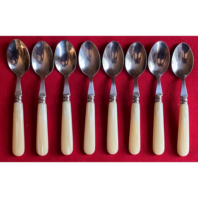 French Stainless Steel Place Settings With Pearlized Handles Including Soup Spoons, Tea Spoons, Forks and Knives, a Service for Eight - 32 Pieces For Sale In New York - Image 6 of 12