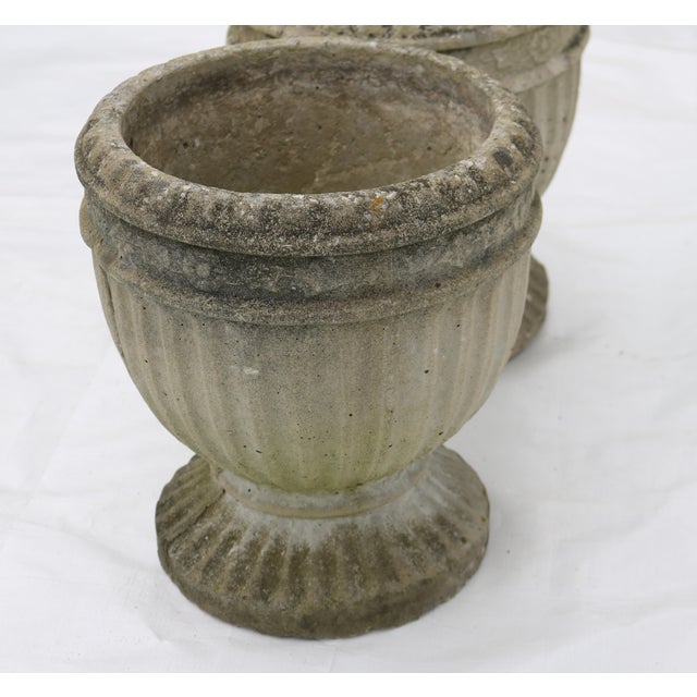 English Vintage Neoclassical Style Fluted Cast Stone Footed Garden Urns-a Pair For Sale - Image 3 of 10