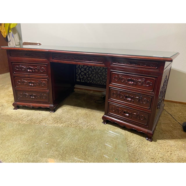 1960s Vintage Mid Century Modern Rosewood Oriental Chinese Asian Executive Desk For Sale - Image 5 of 12