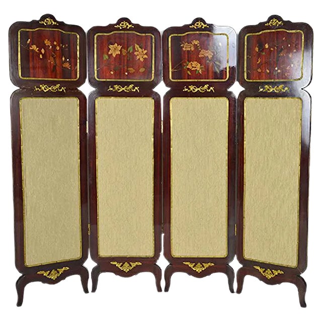 Neoclassical Style 4-Panel Folding Screen in Inlaid Mahogany, France, 1970s For Sale