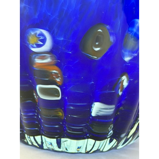 Charming Hand-Blown Small Ruffled Blue Handkerchief Vase With Red Rim in the Style of Dave Chihuly For Sale - Image 9 of 14