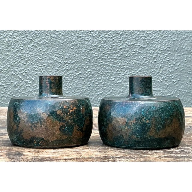Vintage Patinated Metal Vases - Pair For Sale - Image 12 of 12