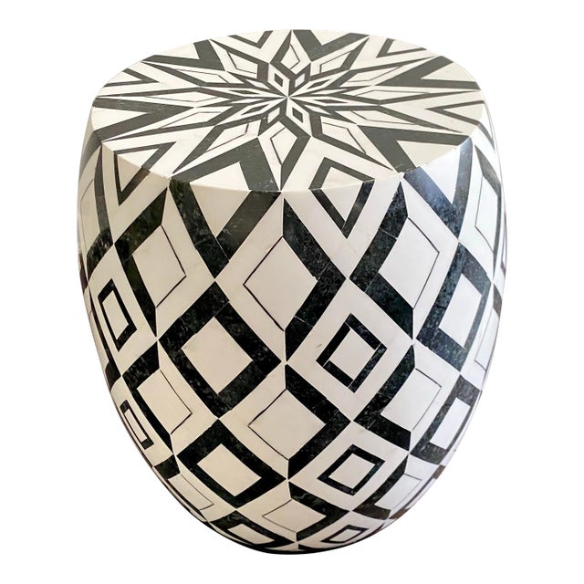 Modern Black and White Marble Inlay Geometric Pattern Caspian Stool or Side Table by Made Goods For Sale