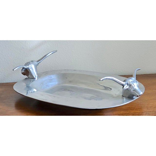 Vintage Mid-Century Modern Longhorn Bull Cast Aluminum Serving Tray – Western Barware / Decorative Catchall For Sale - Image 11 of 17