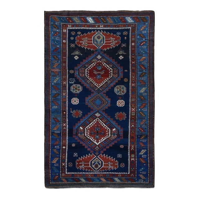 1920 Navy Blue Antique Caucasian Kazak Wool Hand Knotted Signed and Dated 1929 Rug For Sale