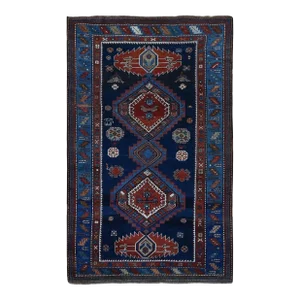 1920 Navy Blue Antique Caucasian Kazak Wool Hand Knotted Signed and Dated 1929 Rug