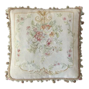 2000s Beige Floral Aubusson Decorative Pillow