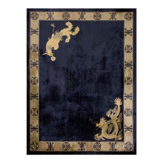 1980s Navy Open Field Vintage Chinese Silk Dragon & Phoenix Carpet Knotted Rug For Sale