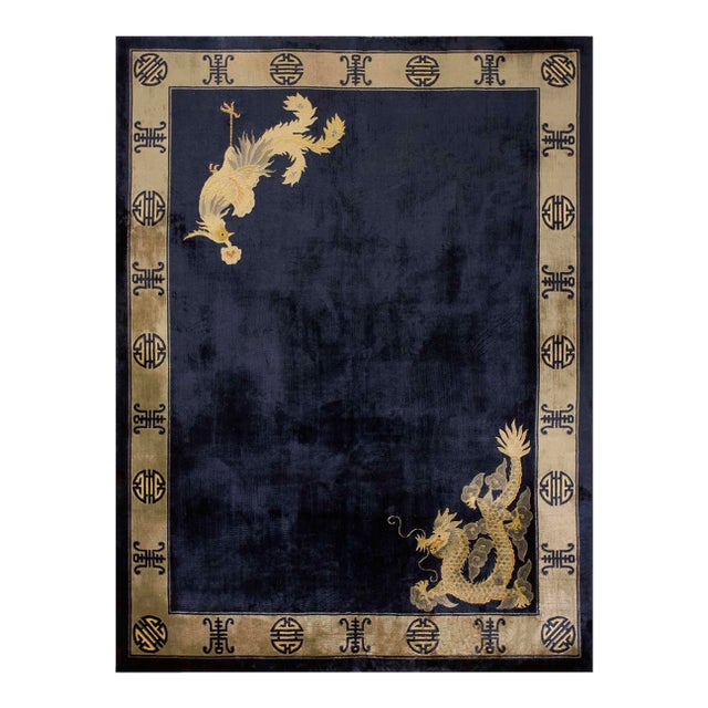 1980s Navy Open Field Vintage Chinese Silk Dragon & Phoenix Carpet Knotted Rug For Sale