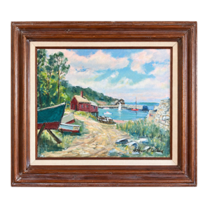 1960s Arthur R. Safford Original Oil Painting of New England Coastal Harbor, Gloucester, Massachusetts
