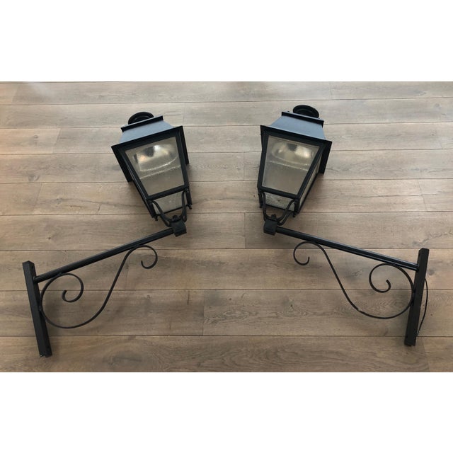1950s Pair of Substantial Exterior Iron Lanterns on Brackets For Sale - Image 12 of 12