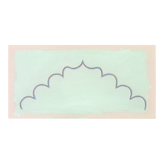 Original Painting | Turquoise Abstract Painting With Whimsical Arch Shape, 14 X 28 In. For Sale