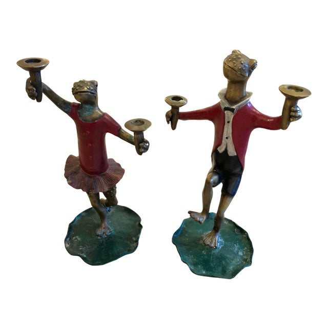 1950s Vintage Painted Bronze Frog Candleholders - a Pair For Sale