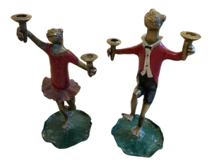 1950s Vintage Painted Bronze Frog Candleholders - a Pair