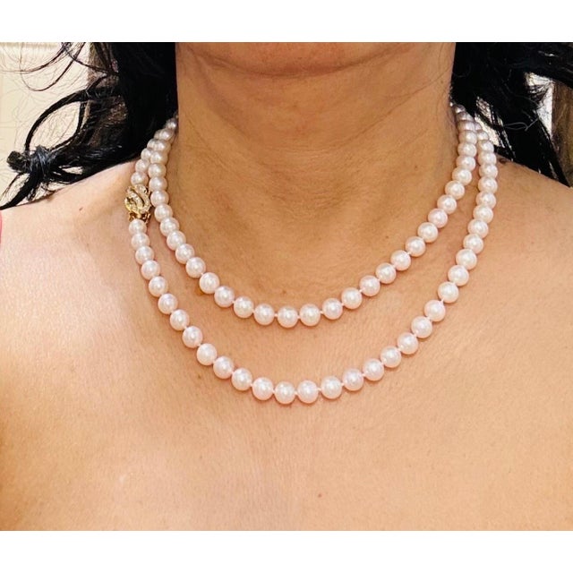 Vintage Cultured Akoya Pearl Strand Necklace Opera Length with Diamond Clasp For Sale - Image 14 of 18