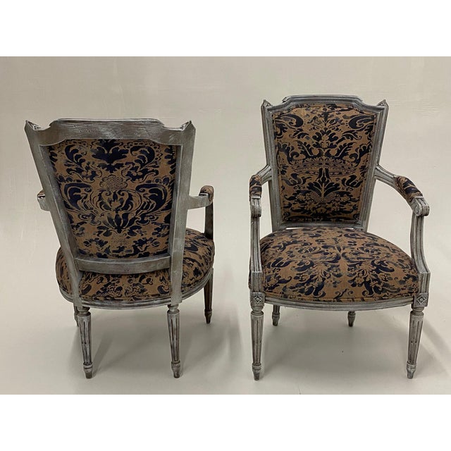 Textile Painted French Armchairs With Fortuny Upholstery For Sale - Image 7 of 10