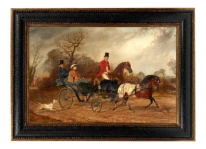 Lady Clifford-Constable Driving a Carriage Framed Oil Painting Print on Canvas in Leather-Look Black and Antiqued Gold Frame