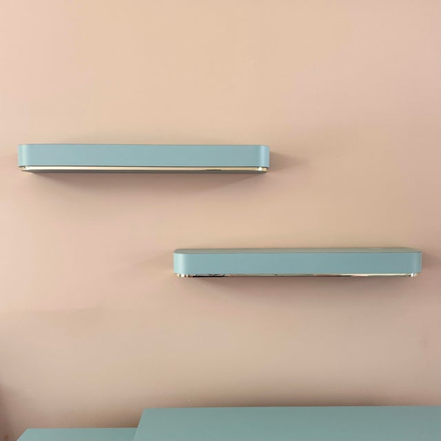 Postmodern Postmodern Baby Blue Laminate Floating Sconce Shelves With Gold Accents - A Pair For Sale - Image 3 of 9