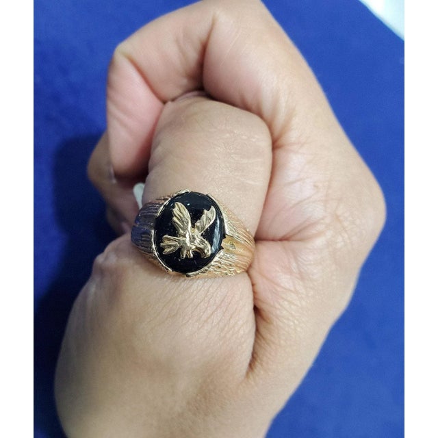 ♥ Product Summary ♥ Main Stone: Onyx Band Material: 14k Yellow Gold Weight: 6 grams Width: 13mm