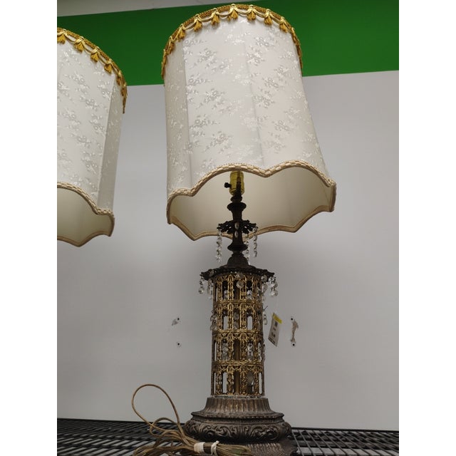Hollywood Regency 1960 Hollywood Recency Aged Brass Crystal Table Lamps - a Pair For Sale - Image 3 of 4
