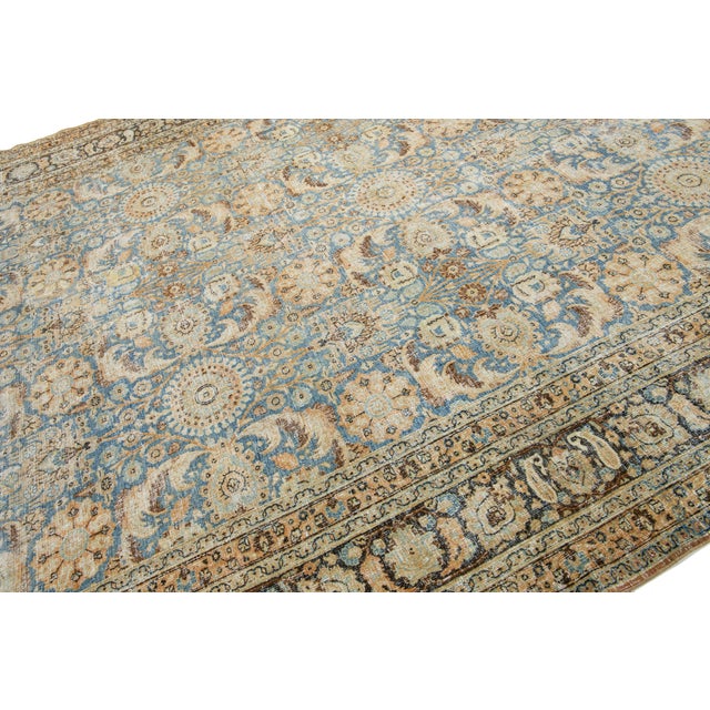 Room Size Floral Antique Persian Tabriz Wool Rug in Blue For Sale In New York - Image 6 of 10