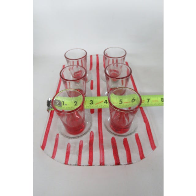 Transparent 6 Barconic Red Shot Glasses and Red Striped Glass Tray 4629b For Sale - Image 8 of 13