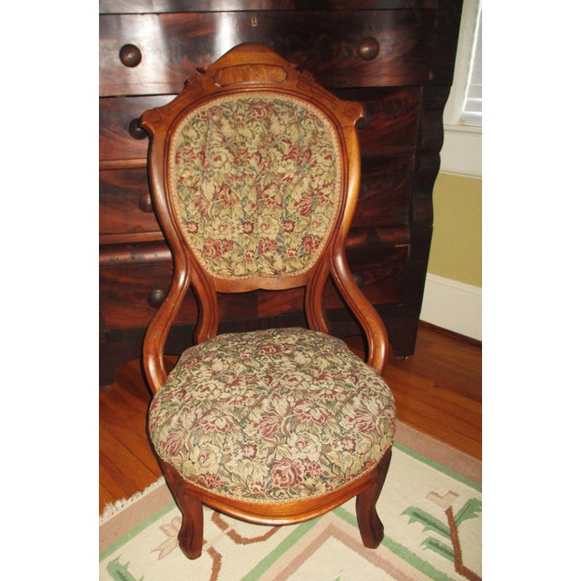 Victorian Antique Victorian Ornate Walnut Rose Tapestry Ladies / Slipper Chair For Sale - Image 3 of 6