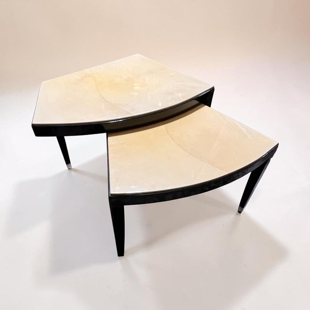 Contemporary Vintage Colombian Goatskin & Black Lacquer Sculptural Nesting Tables by Today’s Custom Design, Pair For Sale - Image 3 of 12
