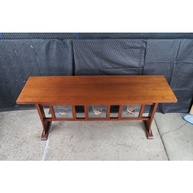 Late 20th Century Mission Arts & Crafts Leaded Stained Glass Cherry Console Hall Sofa Table 72" For Sale - Image 4 of 14
