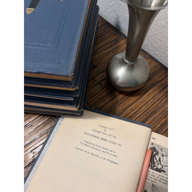 Stone Large Vintage Cream & Blue Encyclopedia Hardcover Stack - Set of 6 - Royal Octavo Format - Modern Minimalist / Japandi Vignette For Sale - Image 7 of 9
