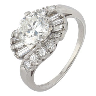 1950s Mid Century Gia 1.63 Carat Diamond Platinum Ring, Size 8 For Sale