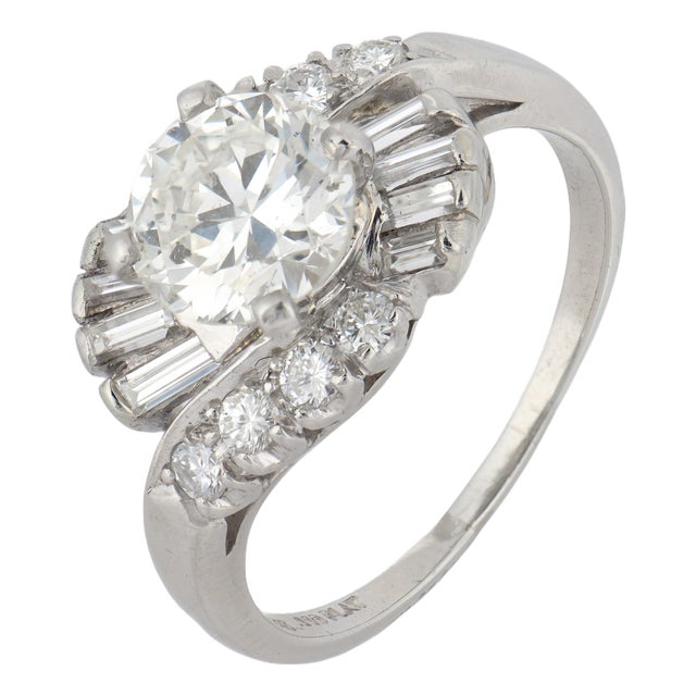 1950s Mid Century Gia 1.63 Carat Diamond Platinum Ring, Size 8 For Sale