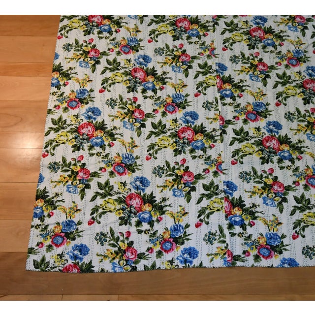 Folk Art Floral Kantha Blanket - 82.5ʺw × 103.5ʺh For Sale - Image 4 of 6