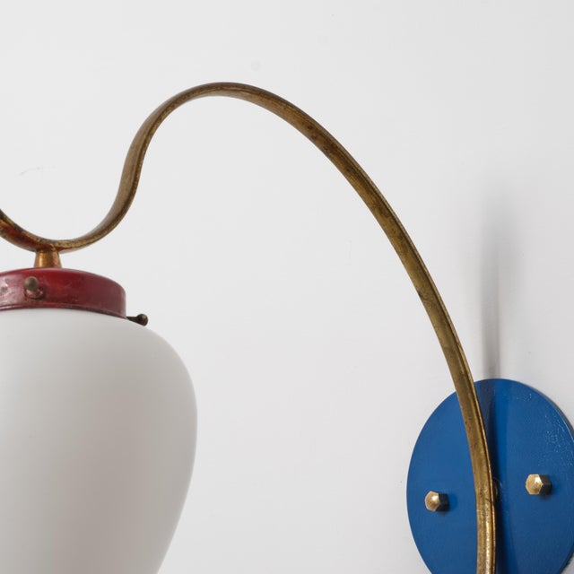 Mid-Century Modern Italian Brass, Blue and Red Metal and Opaline Glass Sconces, 1950s, Set of 2 For Sale - Image 3 of 8