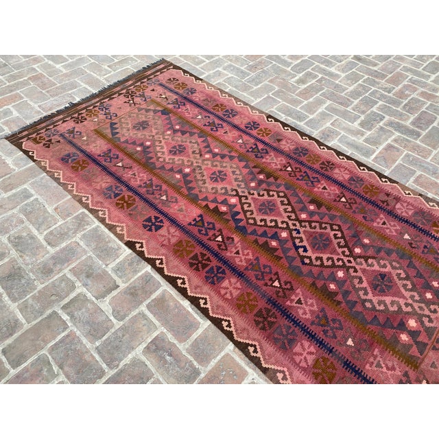 Afghan Maimana Kilim Area Rug, Handwoven Wool, 5x10, Rose & Navy For Sale - Image 6 of 16