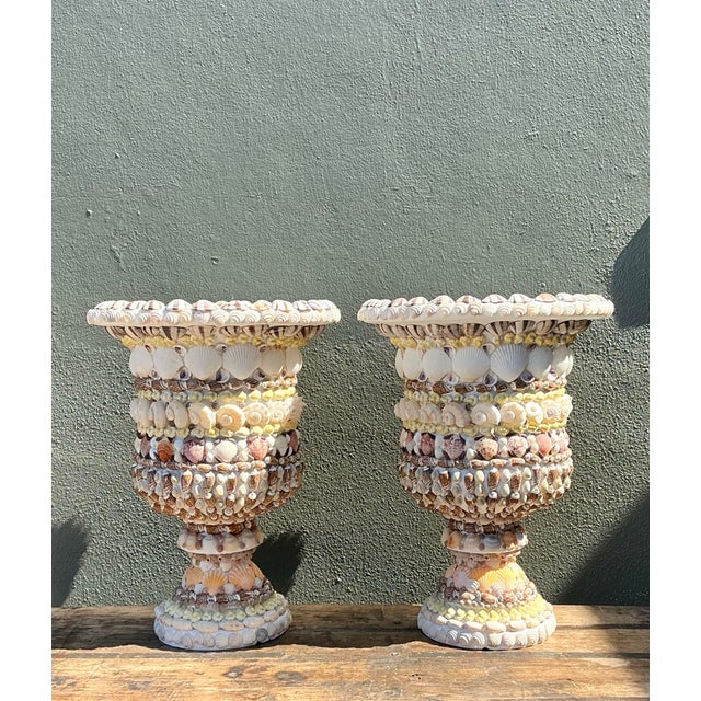 Vintage Shell Encrusted Resin Urns - A Pair For Sale - Image 10 of 12