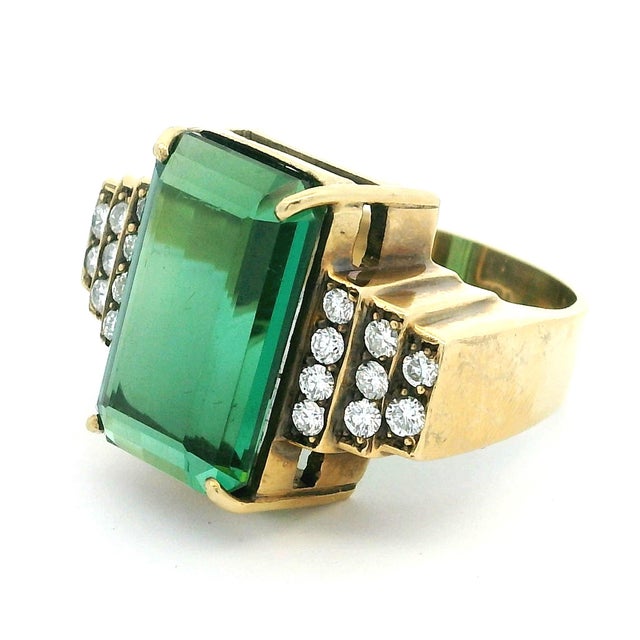 Modern 1970s Emerald Cut Green Tourmaline and Diamond 18k Gold Statement Ring, Size 7.5 For Sale - Image 3 of 15