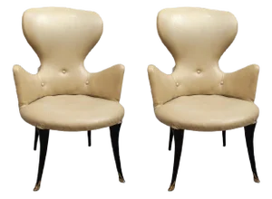 Set of Italian Brass and Vinyl Armchairs, 1950s