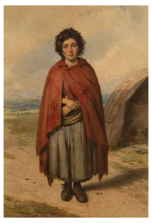 Octavius Oakley RWS, A Girl in a Red Cloak, Mid-1800s, Watercolour, Framed