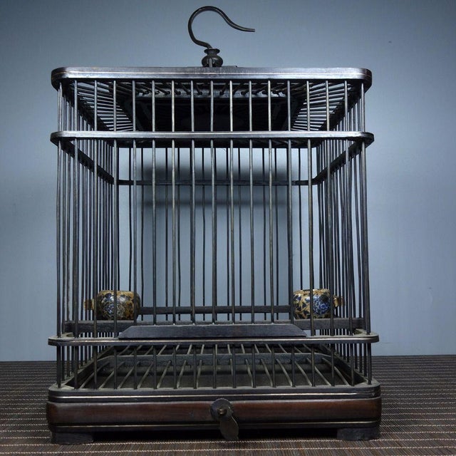 Black Vintage Dark Wood Birdcage With Bronze Wire and Ceramic Feeders For Sale - Image 8 of 8