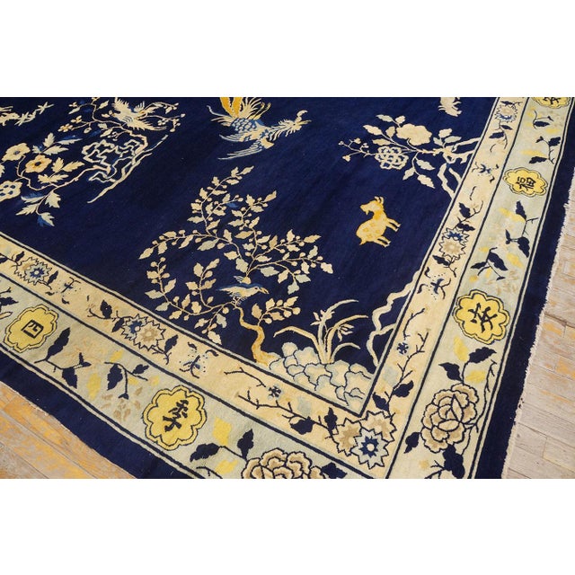 Textile Attractive Navy Color With Beige Border Asymmetric Floral in a Chinoiserie Pattern Antique Chinese Peking Rug For Sale - Image 7 of 12