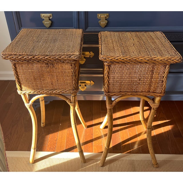 Chinoiserie Vintage Coastal Rattan and Wicker Drink Tables - A Pair For Sale - Image 3 of 17