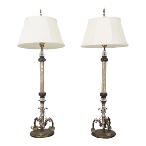 Pair Tall Column Brass & Decorative Glass Table Lamps